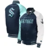 Seattle Kraken Reliever Starter Navy/White/Sky Blue Youth Raglan Satin Varsity Jacket - Image 3