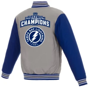 Alternative view of Tampa Bay Lightning 3 Time Stanley Cup Champions Full-Snap Satin Varsity Jacket