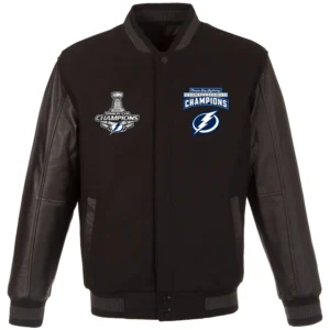 Tampa Bay Lightning 3 Time Stanley Cup Champions Wool & Leather Reversible Black Varsity Jacket