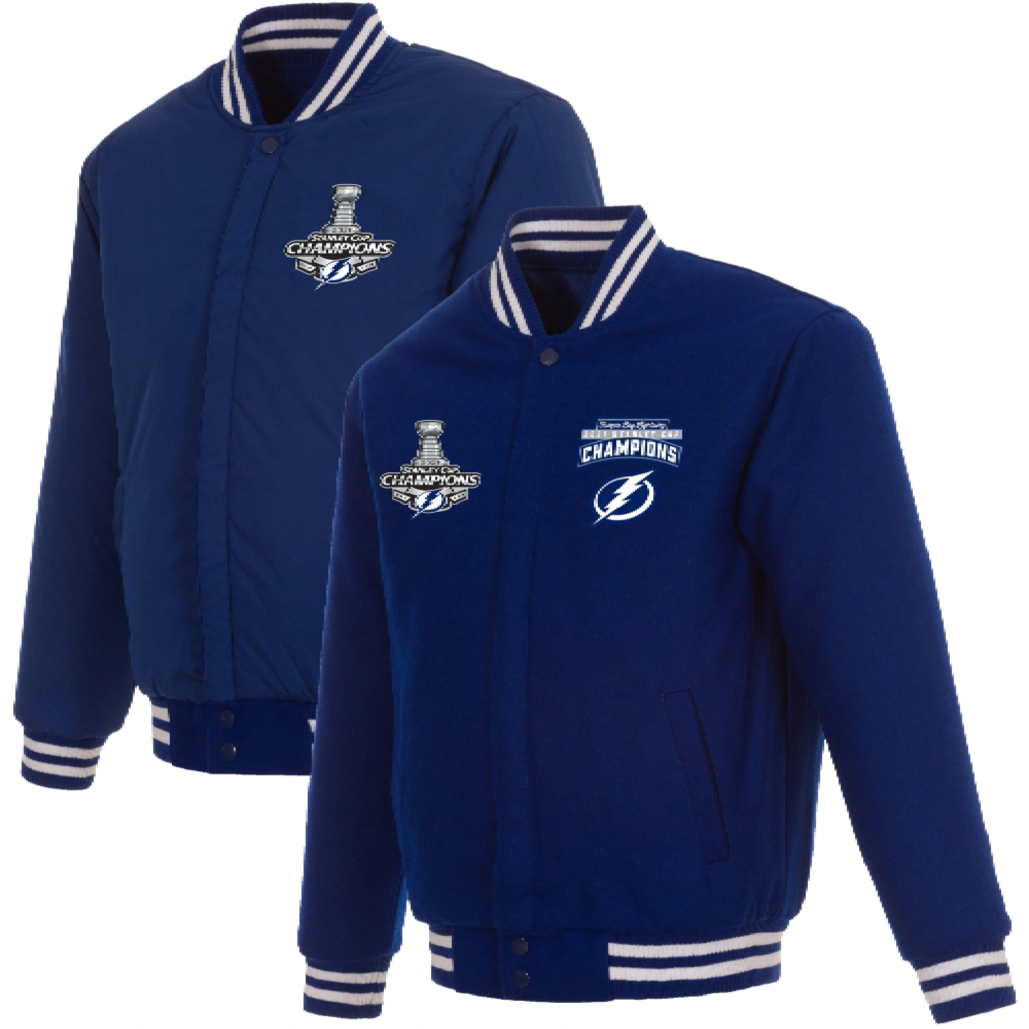Tampa Bay Lightning 3 Time Stanley Cup Champions Reversible Blue Full Wool One Color Varsity Jacket - Image 4