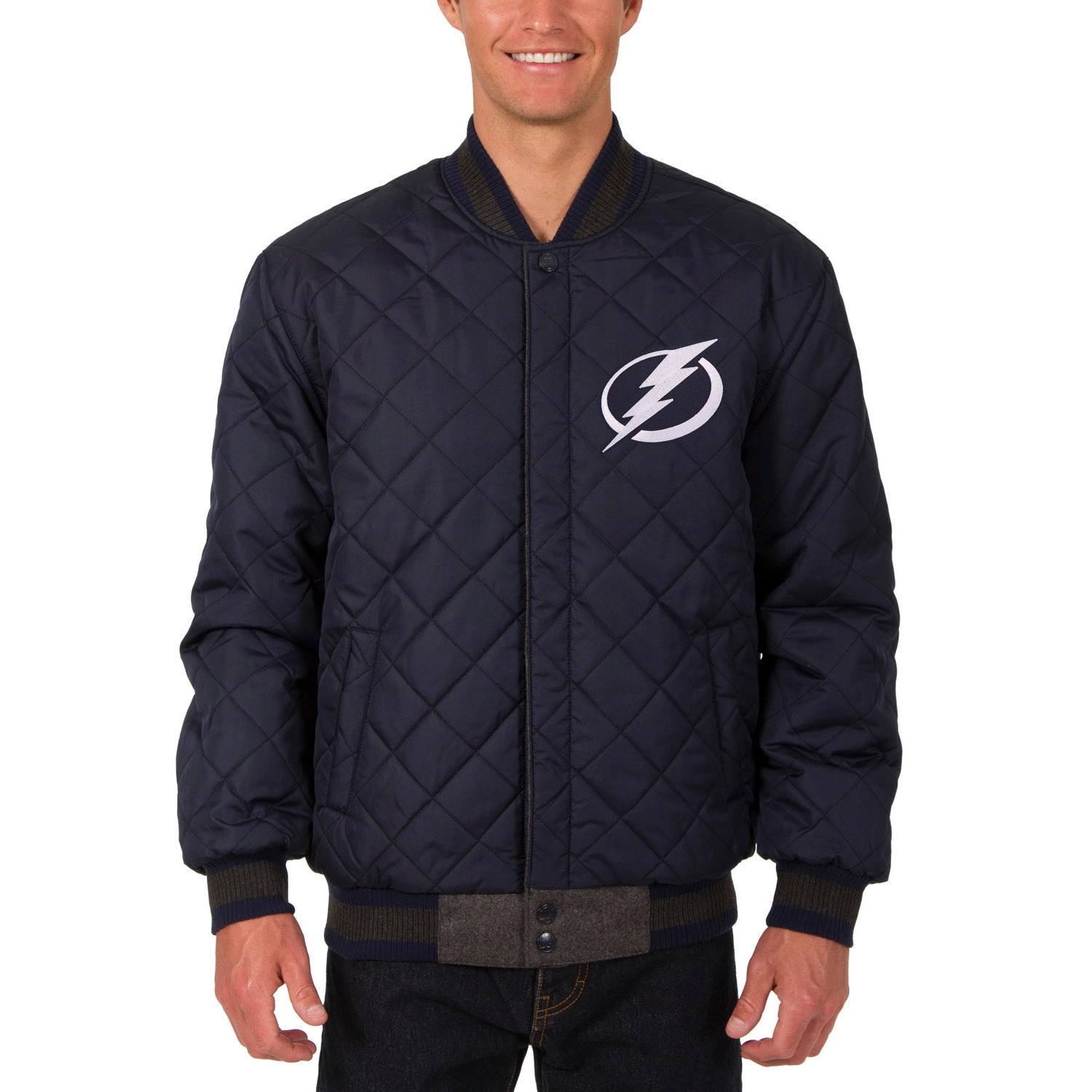 Tampa Bay Lightning Wool & Leather Reversible Varsity Jacket Charcoal & Navy - Image 2