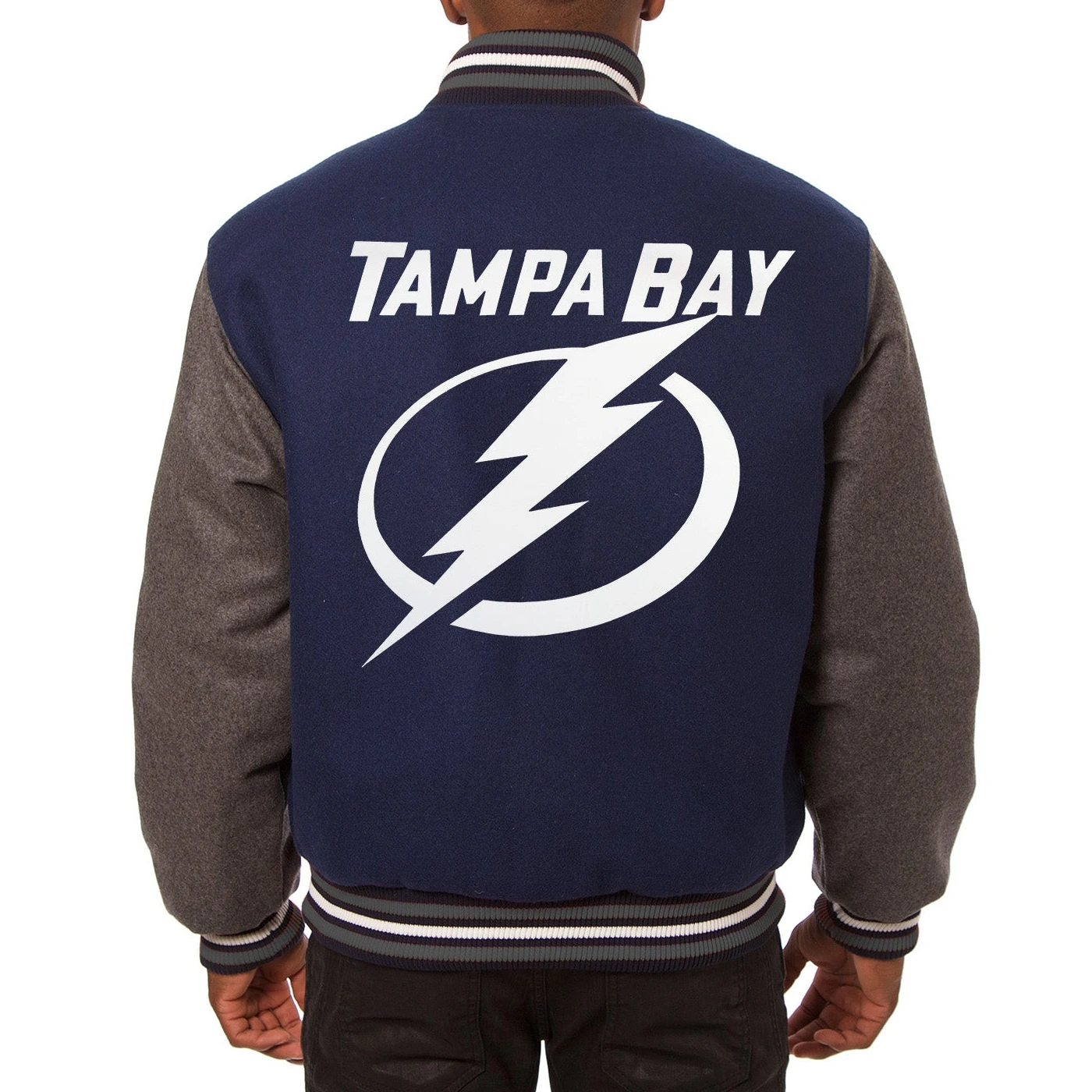 Tampa Bay Lightning Full Wool Two Tone Varsity Jacket Navy & Grey - Image 2
