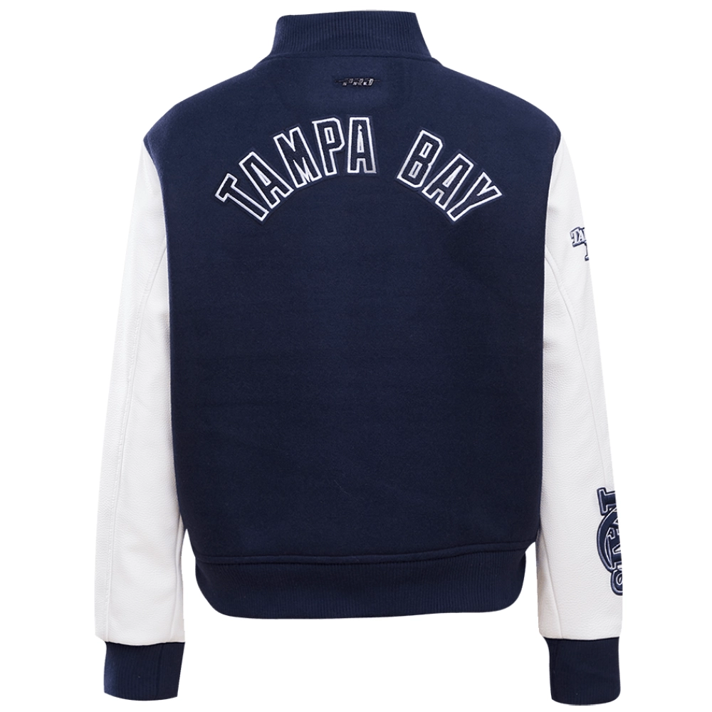 Women's Tampa Bay Rays Script Tail Ribbed Knitted Wool & Faux Leather Varsity Jacket - Image 2