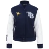 Women's Tampa Bay Rays Script Tail Ribbed Knitted Wool & Faux Leather Varsity Jacket