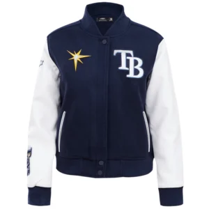 Women's Tampa Bay Rays Script Tail Ribbed Knitted Wool & Faux Leather Varsity Jacket