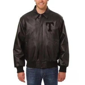 Texas Rangers Classic Rib Knitted Full Leather Black Varsity Jacket
