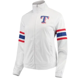 Texas Rangers G-III 4Her by Carl Banks White Game Score Full-Zip Track Varsity Jacket