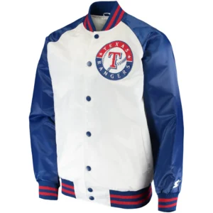 Texas Rangers Starter Clean Up Hitter Satin Varsity Jacket White & Royal