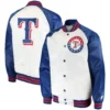 Texas Rangers Starter Clean Up Hitter Satin Varsity Jacket White & Royal - Image 3