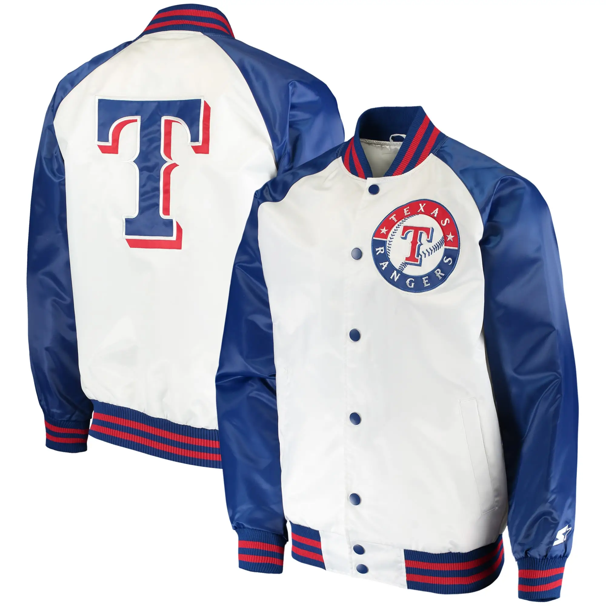 Texas Rangers Starter Clean Up Hitter Satin Varsity Jacket White & Royal - Image 3
