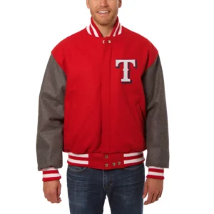 Texas Rangers Full Wool Two Tone Varsity Jacket Red & Gray