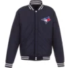 Toronto Blue Jays Classic Rib Knitted Two Tone Wool & Leather Varsity Jacket - Image 2