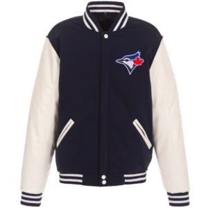 Toronto Blue Jays Classic Rib Knitted Two Tone Wool & Leather Varsity Jacket