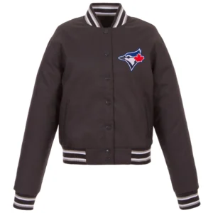 Women's Toronto Blue Jays Full-Snap Satin Charcoal Varsity Jacket