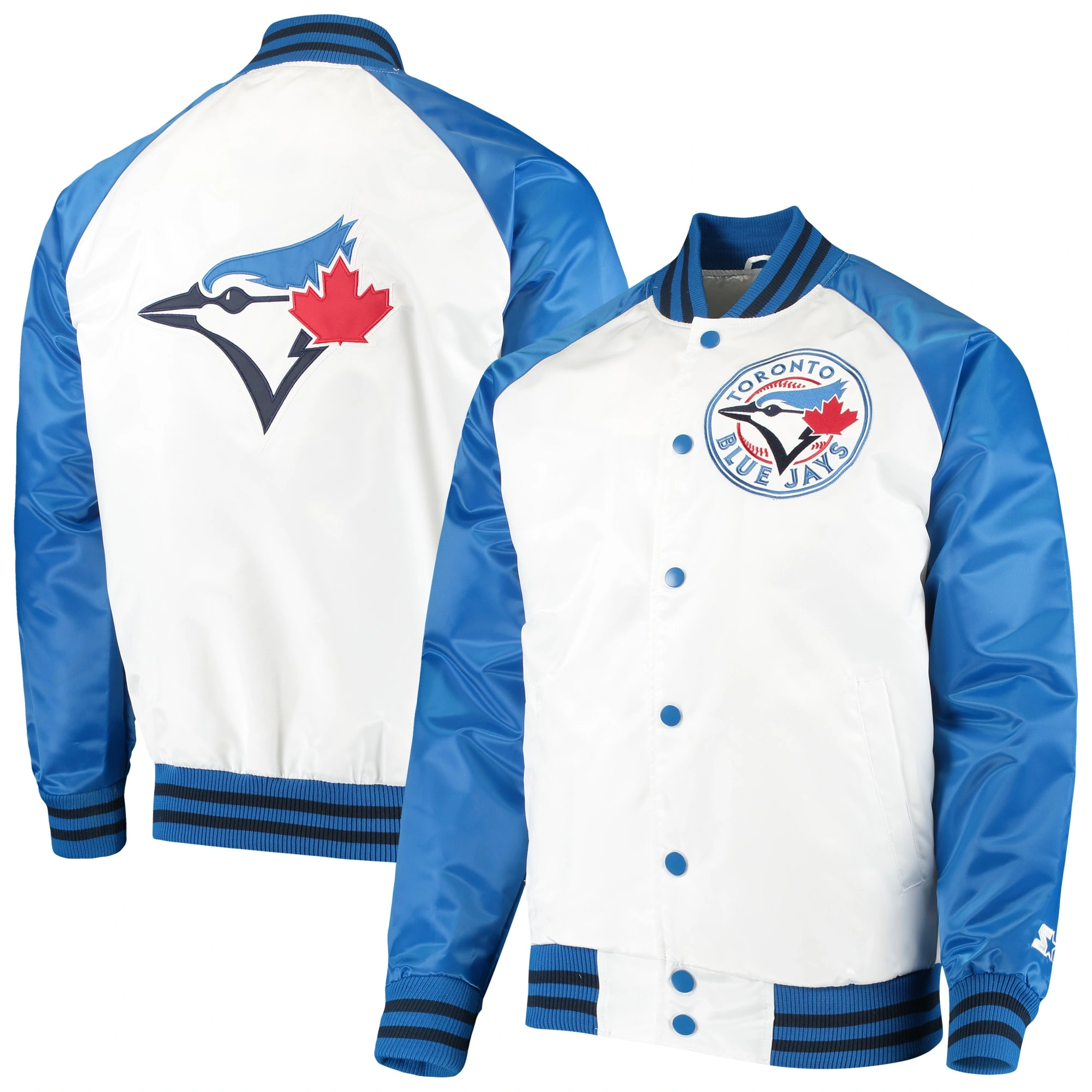 Toronto Blue Jays Lead Off Full-Snap Satin Varsity Jacket White & Royal - Image 3