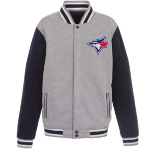 Toronto Blue Jays Two Tone Reversible Fleece Varsity Jacket Gray & Navy