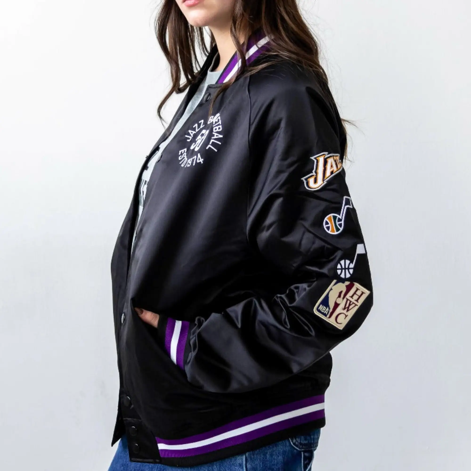 Utah Jazz Origins Full-Snap Black Varsity Satin Jacket - Image 2