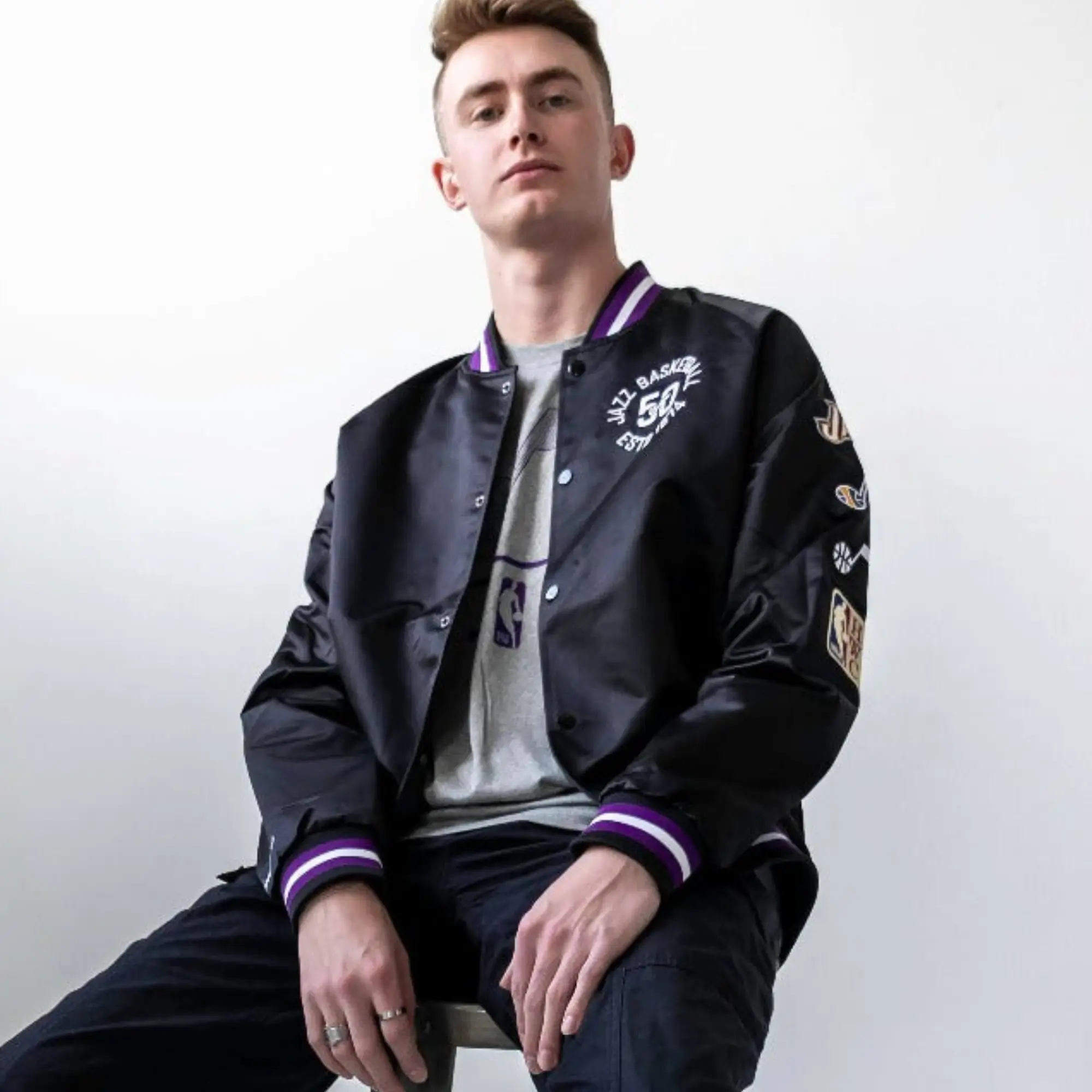 Utah Jazz Origins Full-Snap Black Varsity Satin Jacket - Image 3