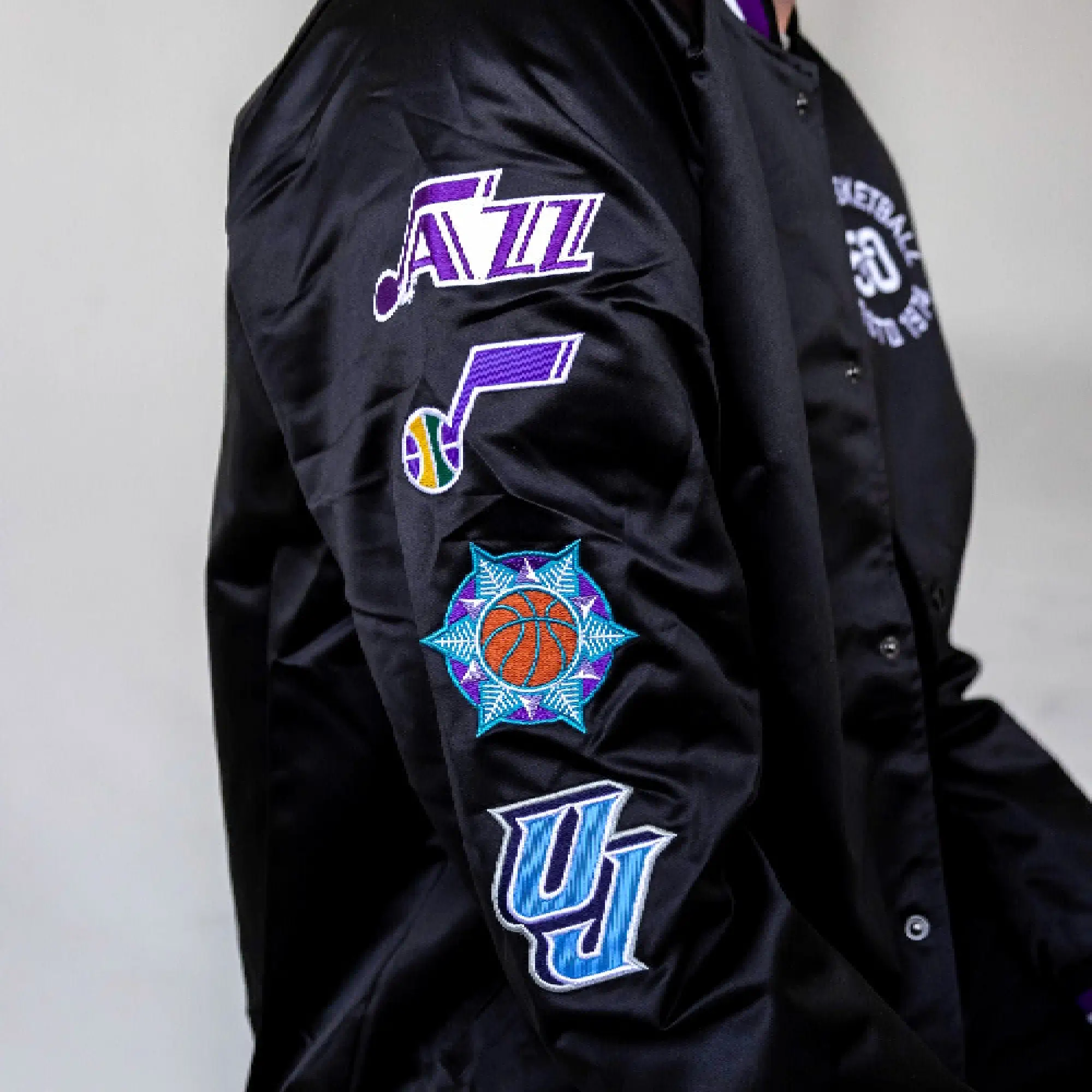 Utah Jazz Origins Full-Snap Black Varsity Satin Jacket - Image 5