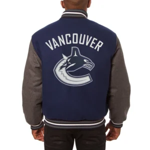 Alternative view of Vancouver Canucks Full Wool Two Tone Varsity Jacket Navy & Grey