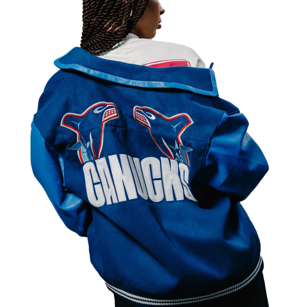 Vancouver Canucks X In House Orca Blue Wool & Leather Varsity Jacket - Image 2