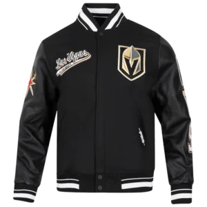Vegas Golden Knights Pro Standard Script Tail Ribbed Knitted Wool & Leather Varsity Jacket