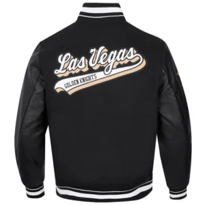 Alternative view of Vegas Golden Knights Pro Standard Script Tail Ribbed Knitted Wool & Leather Varsity Jacket