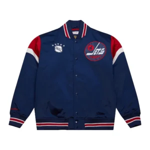 Winnipeg Jets Cooperstown Heavyweight Ribbed Knitted Blue Varsity Satin Jacket