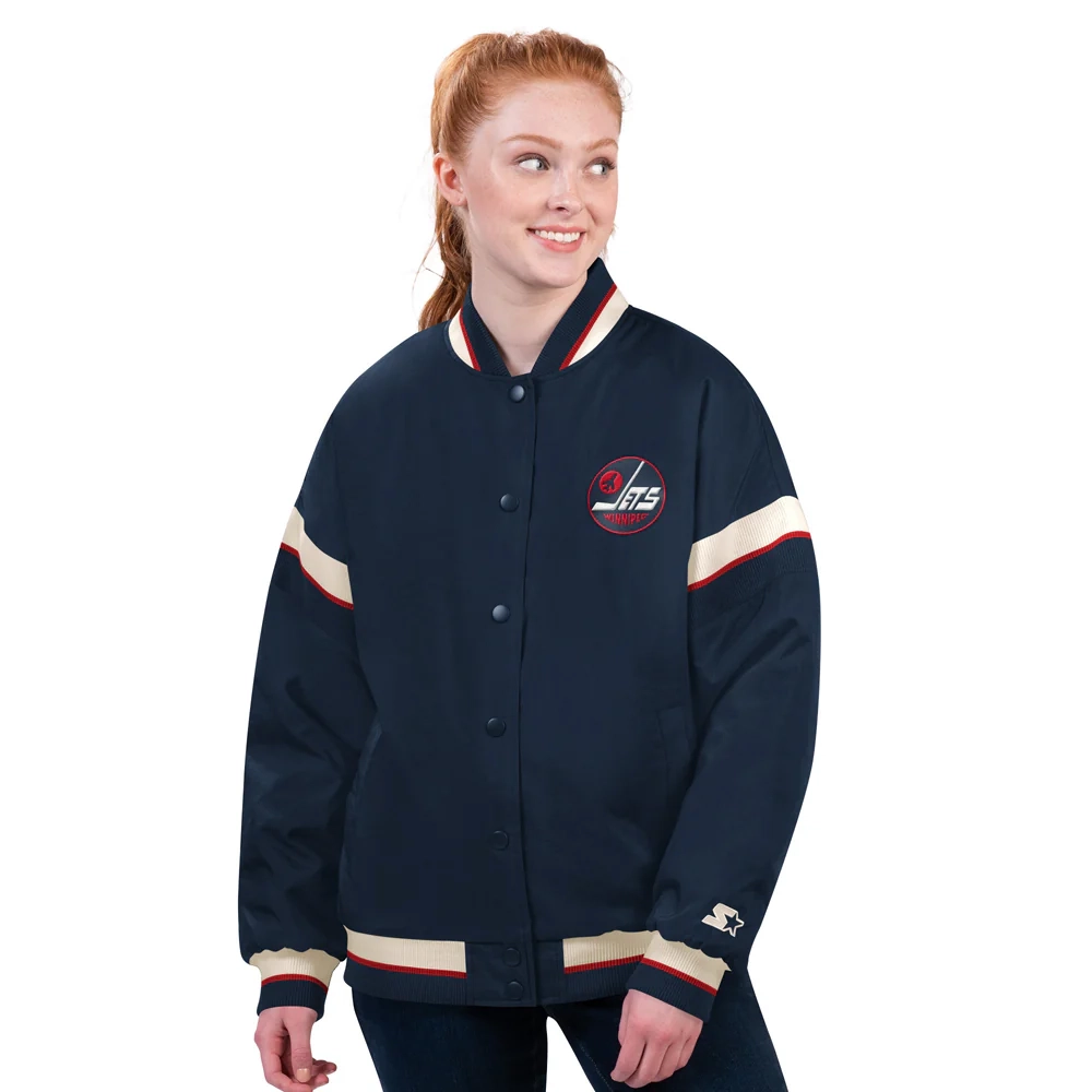 Winnipeg Jets Women's Tournament Navy Satin Varsity Jacket - Image 2