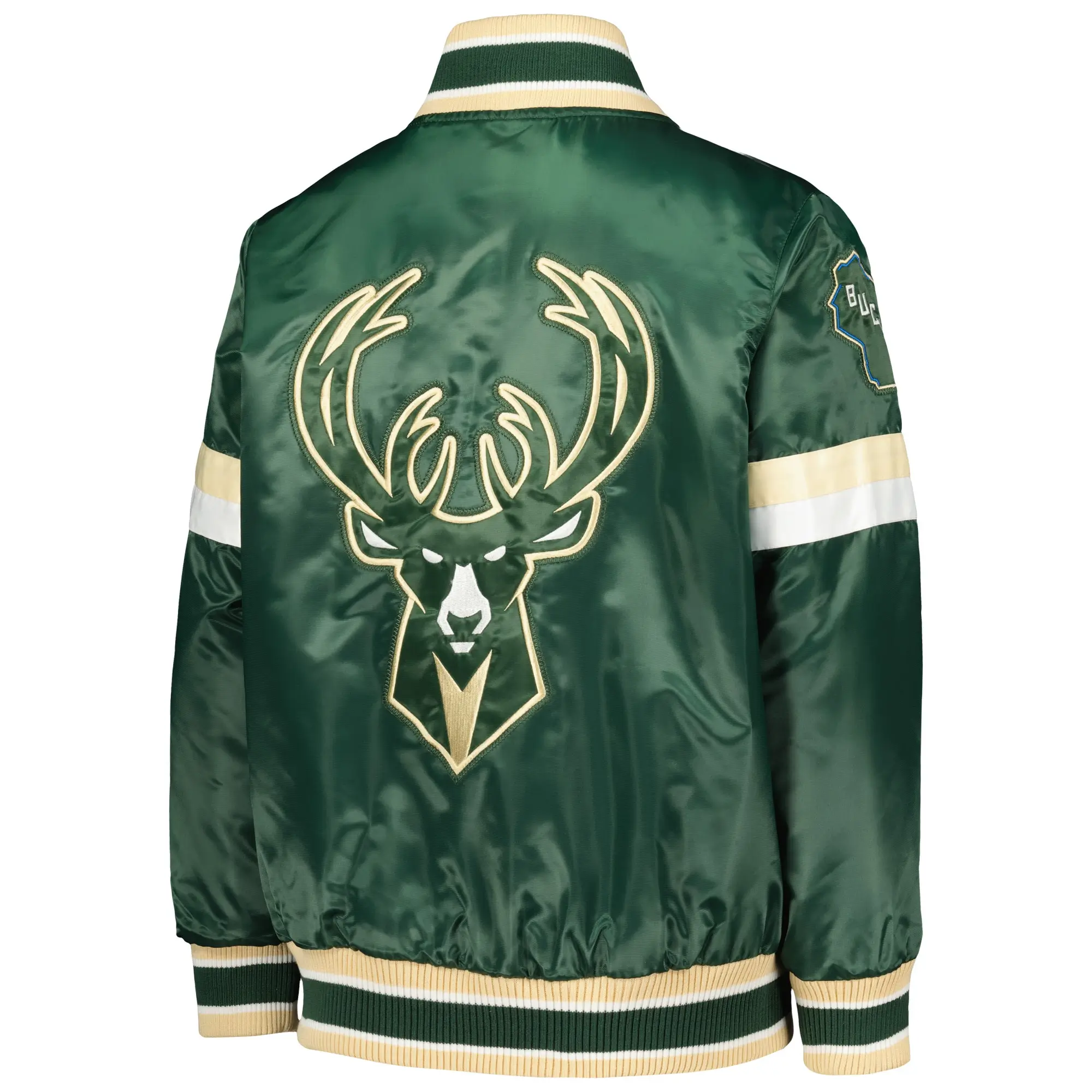 Youth Milwaukee Bucks Starter Hunter Home Game Green Satin Varsity Jacket - Image 2