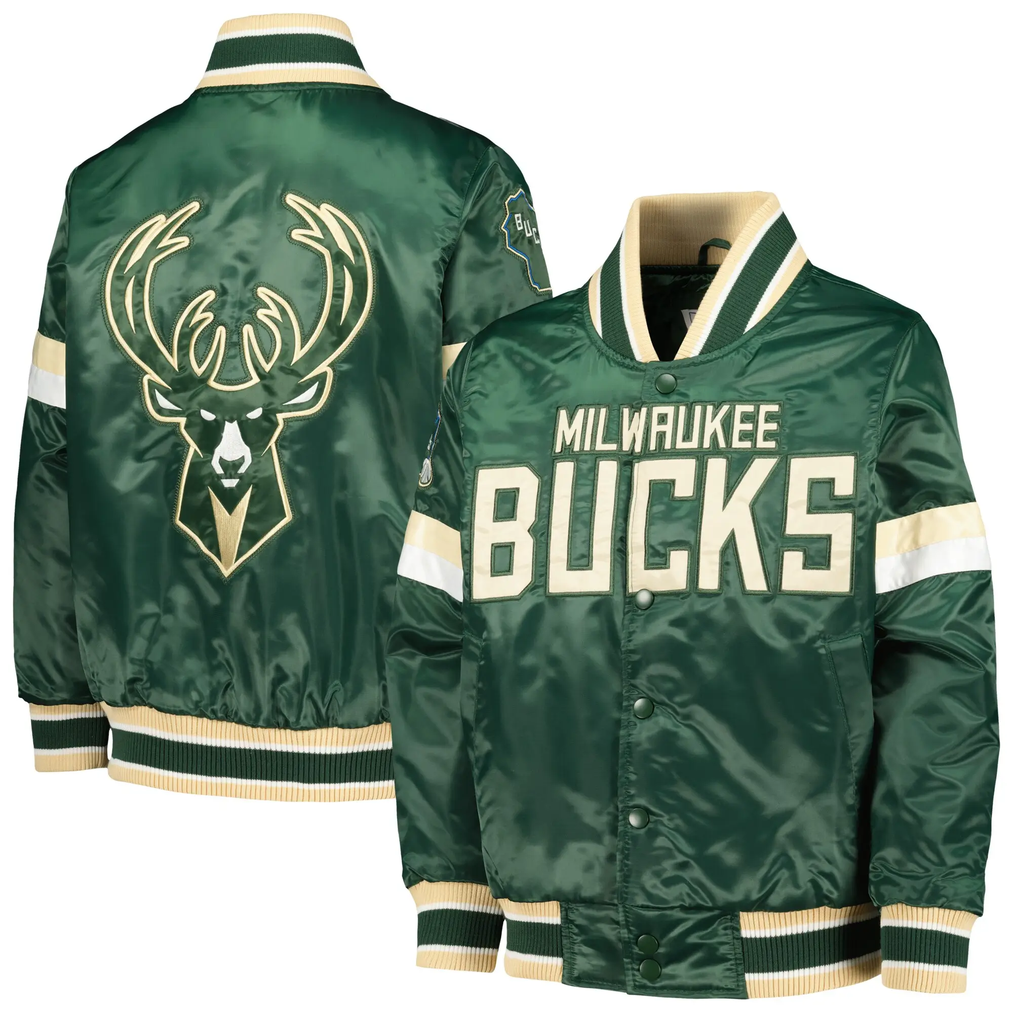 Youth Milwaukee Bucks Starter Hunter Home Game Green Satin Varsity Jacket - Image 3