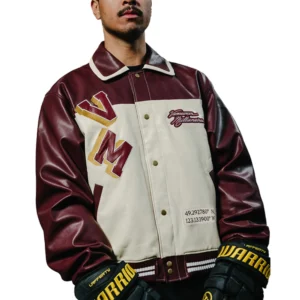 Vancouver Canucks X In Millionaire Shirt Collar Maroon & Cream Leather Varsity Jacket