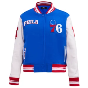 Women's Classic Philadelphia 76ers Wool & Leather Varsity Jacket Blue & White