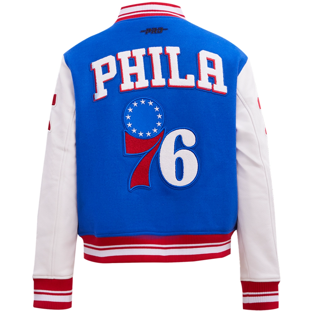 Women's Classic Philadelphia 76ers Wool & Leather Varsity Jacket Blue & White - Image 2