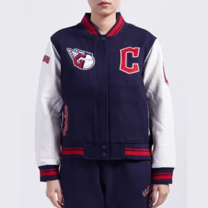 Women's Cleveland Guardians Women's Retro Classic Rib Wool & Leather Varsity Jacket Navy & White