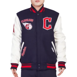 Cleveland Guardians Retro Classic Rib Knitted Wool & Faux Leather Varsity Jacket