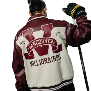 Alternative view of Vancouver Canucks X In Millionaire Shirt Collar Maroon & Cream Leather Varsity Jacket