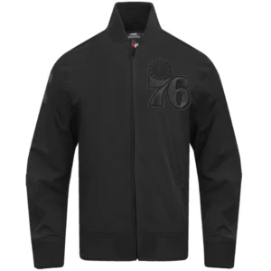 Philadelphia 76ers Triple Black Classic Rib Satin Varsity Black Jacket