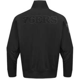 Alternative view of Philadelphia 76ers Triple Black Classic Rib Satin Varsity Black Jacket