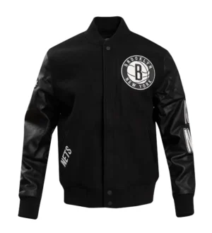 Brooklyn Nets Retro Classic Rib Full Black Wool & Leather Varsity Jacket