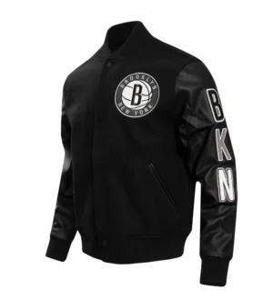 Alternative view of Brooklyn Nets Retro Classic Rib Full Black Wool & Leather Varsity Jacket