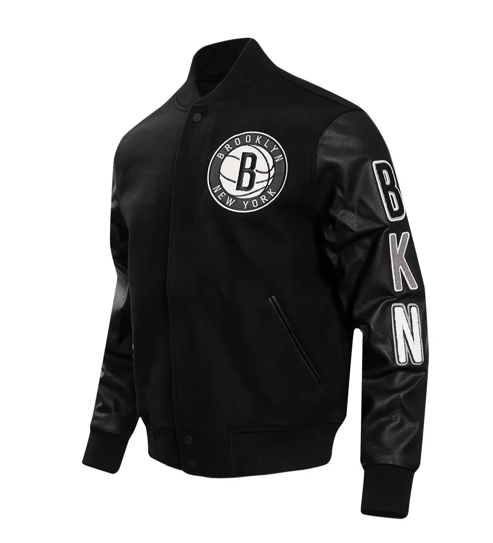 Brooklyn Nets Retro Classic Rib Full Black Wool & Leather Varsity Jacket - Image 2
