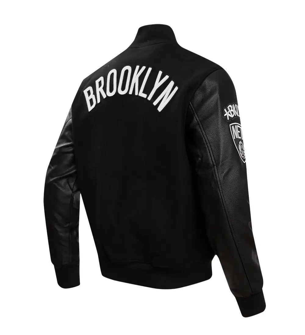 Brooklyn Nets Retro Classic Rib Full Black Wool & Leather Varsity Jacket - Image 3