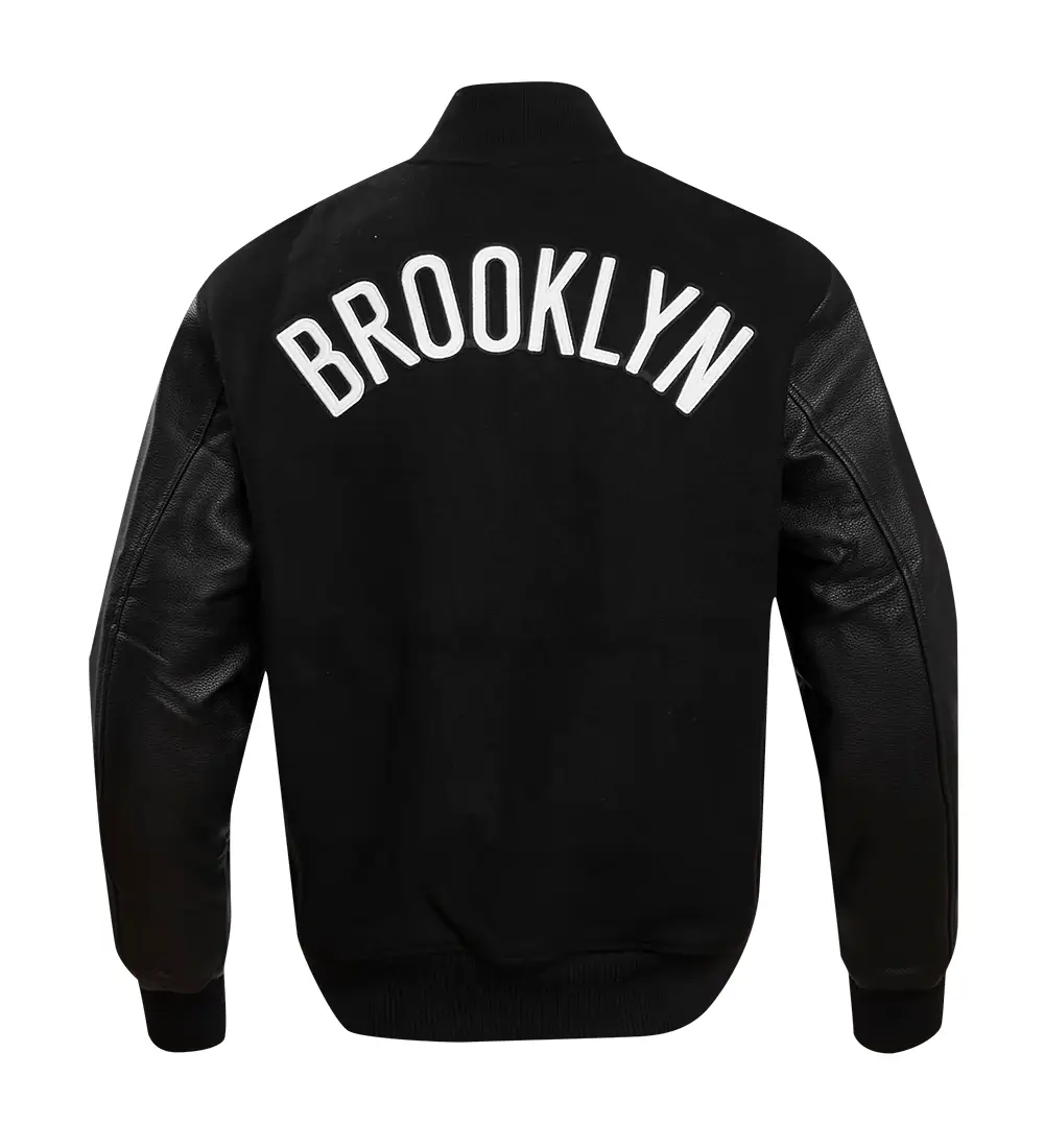 Brooklyn Nets Retro Classic Rib Full Black Wool & Leather Varsity Jacket - Image 4