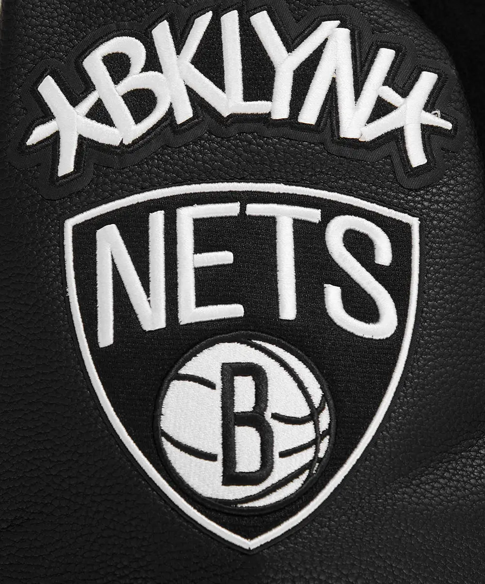 Brooklyn Nets Retro Classic Rib Full Black Wool & Leather Varsity Jacket - Image 6