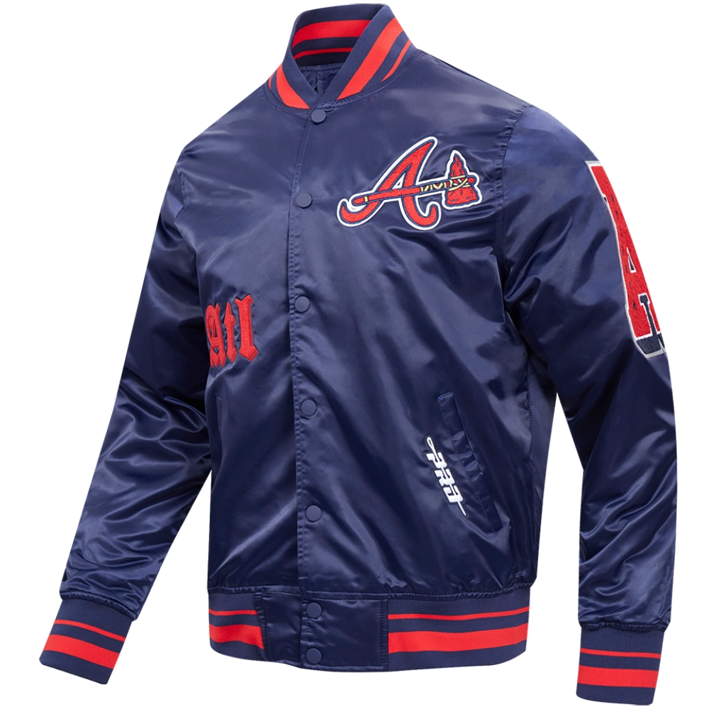 Atlanta Braves Old English Navy Satin Varsity Jacket - Image 3