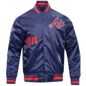 Atlanta Braves Old English Navy Satin Varsity Jacket