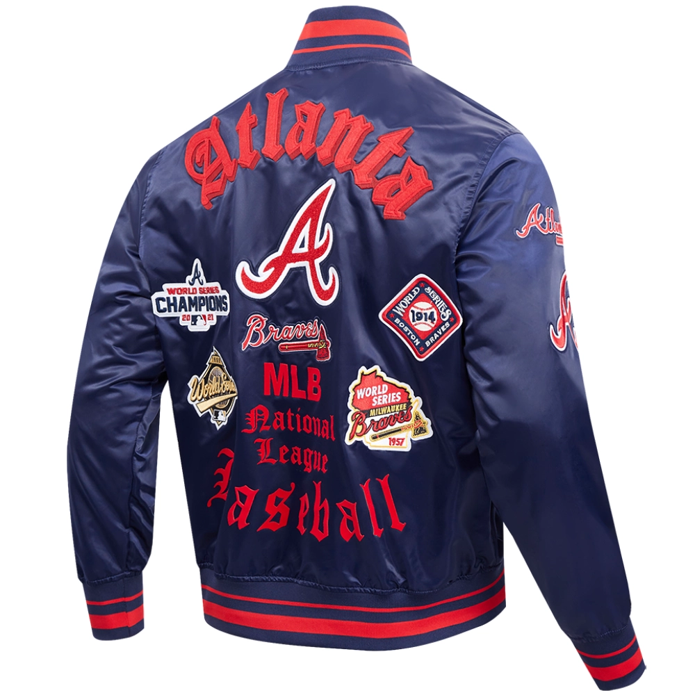 Atlanta Braves Old English Navy Satin Varsity Jacket - Image 4