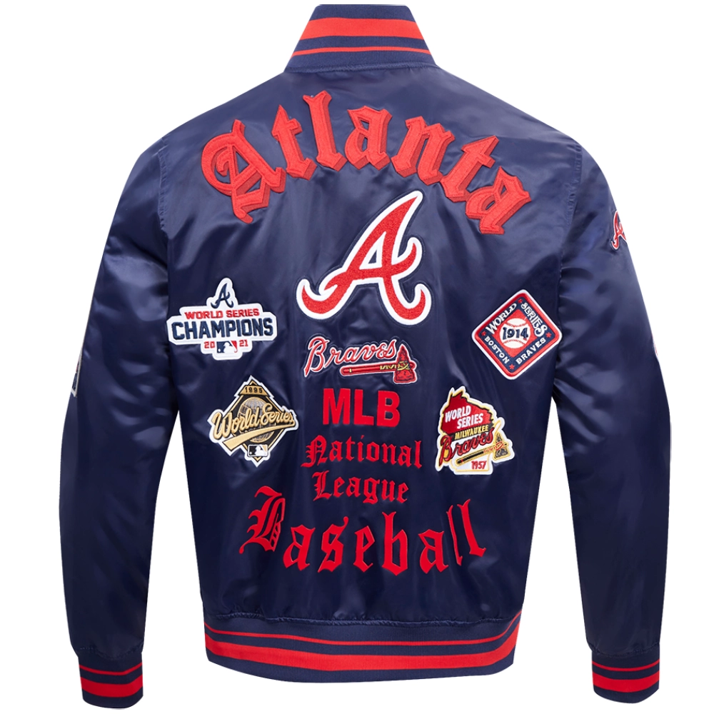 Atlanta Braves Old English Navy Satin Varsity Jacket - Image 2