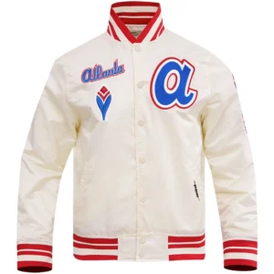 Atlanta Braves Men's Classic Full-Snap Satin Varsity White Jacket